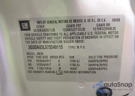 2007 Buick Rendezvous Cxl z USA, uszkodzony, nr VIN 3G5DA03L07S549115